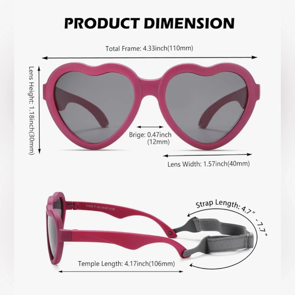 NEW Flexible Heart Shaped Baby Polarized Sunglasses Strap 0-24 Months